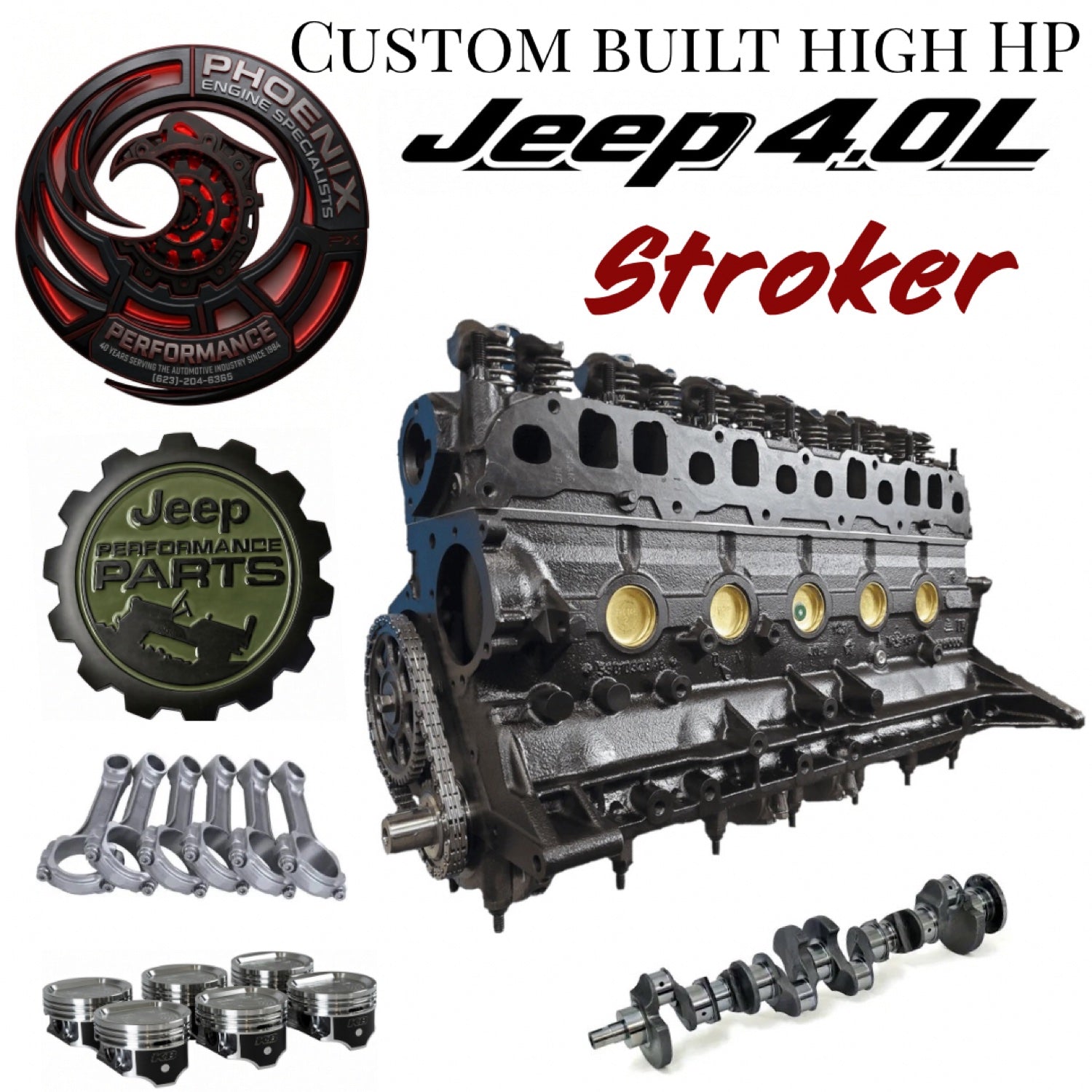 Jeep 4.6L stroker inline-6 remanufactured engine with stroker crankshaft, forged rods and pistons - Phoenix Engine Specialists
