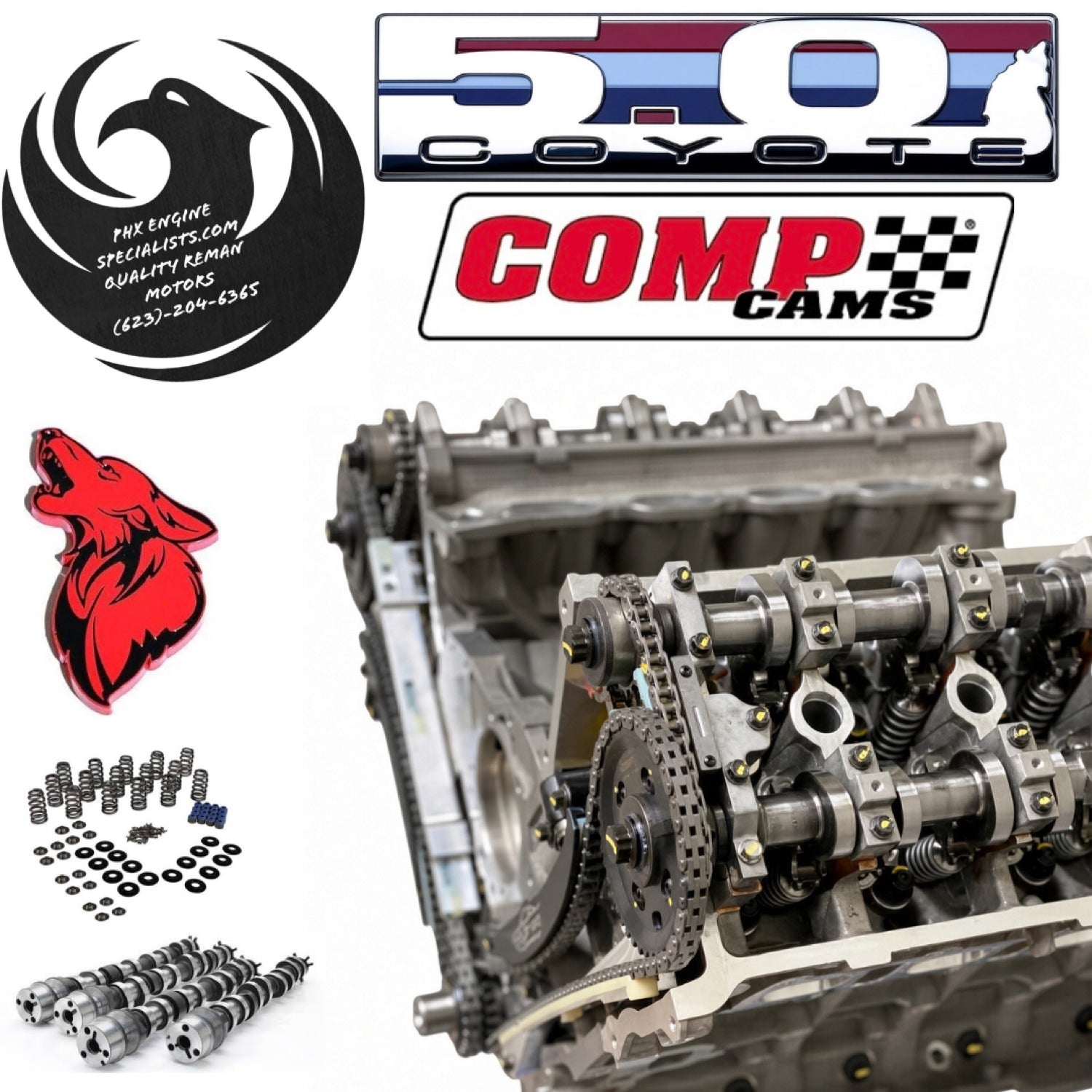 Cammed Ford 5.0L Coyote remanufactured engine with COMP Cams cams - cylinder head and cam close-up - Phoenix Engine Specialists