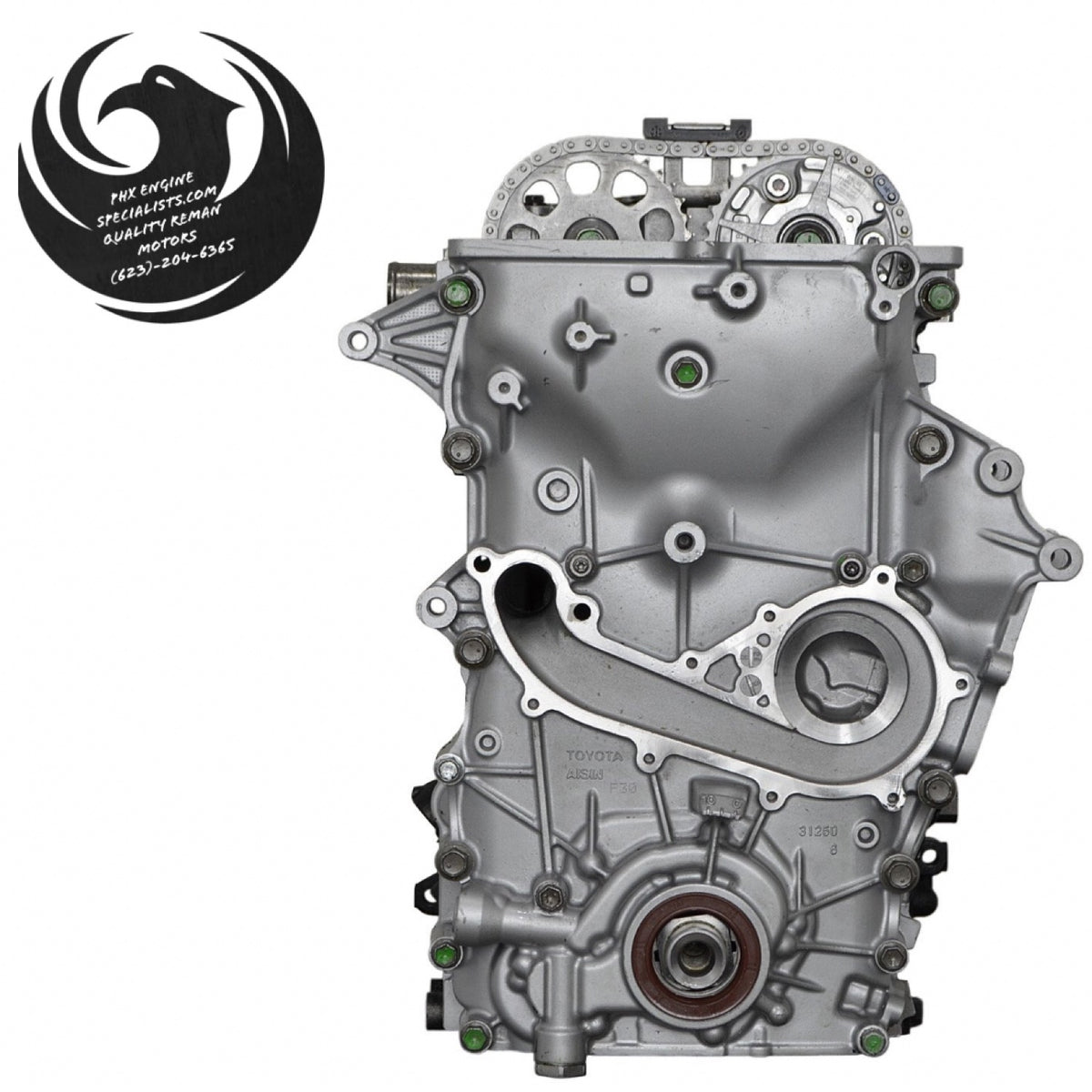 Toyota 2.7L 2TR-FE remanufactured engine, 2005-2015 single VVT-i build, front (timing cover) view
