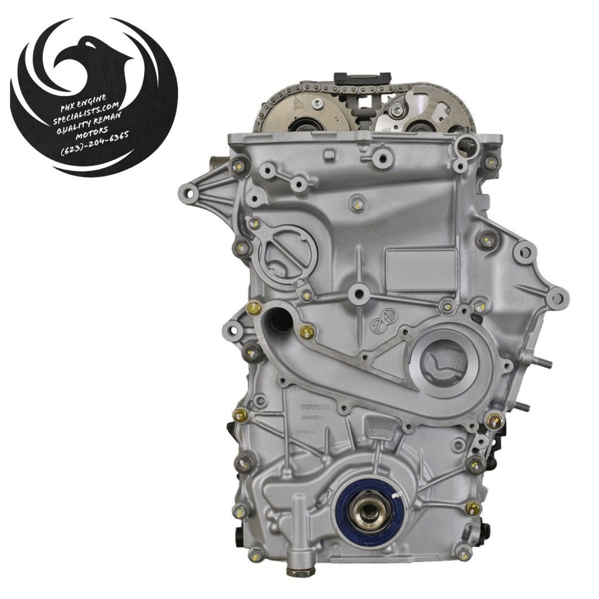 Toyota 2.7L 2TR-FE dual VVT-i remanufactured engine (2016-2023 Tacoma), front view showing cam phasers on both camshafts