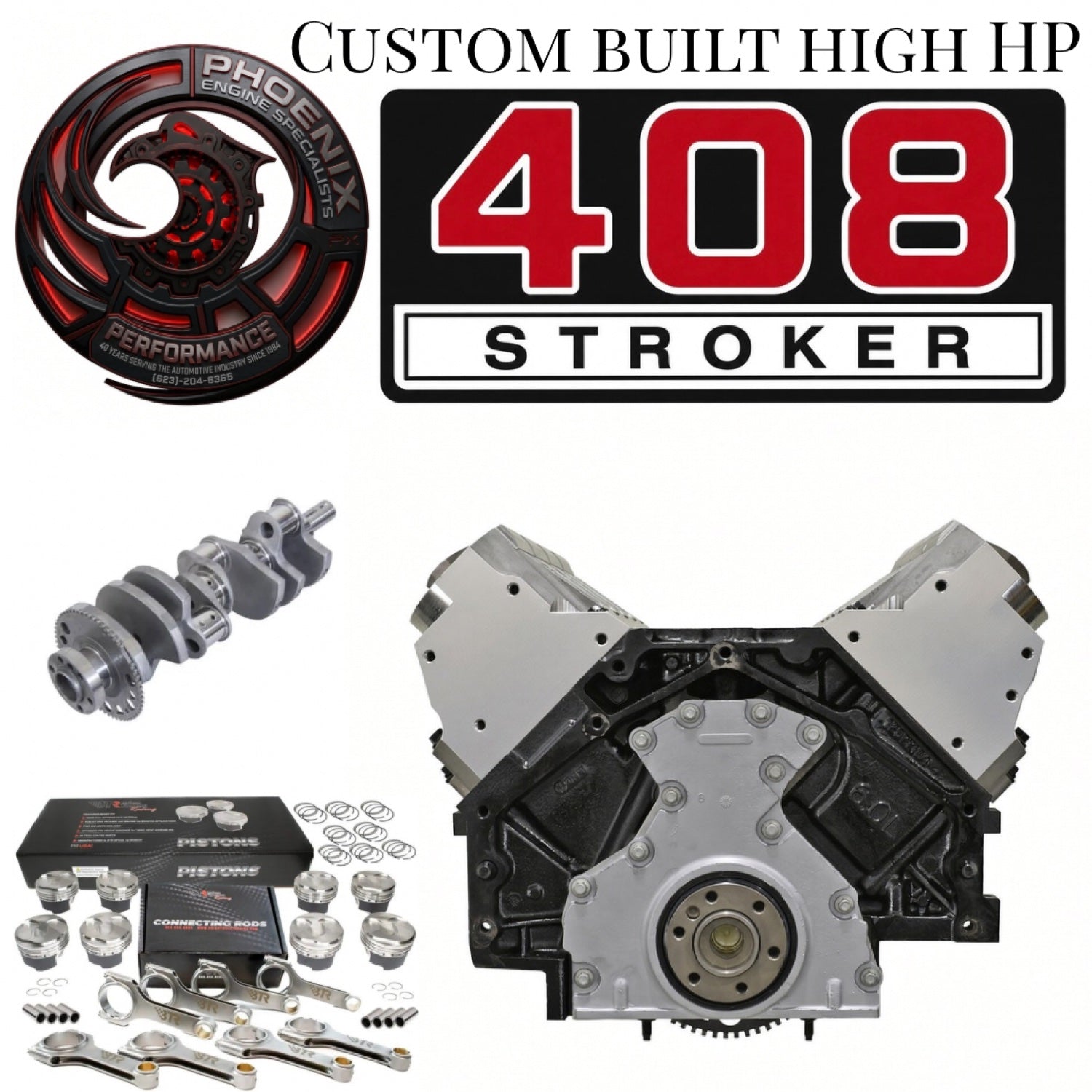 GM 6.0L LS 408 stroker remanufactured engine - rear view - Phoenix Engine Specialists