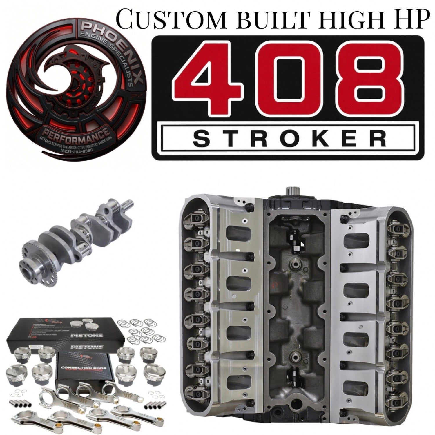GM 6.0L LS 408 stroker remanufactured engine - top / valley view - Phoenix Engine Specialists