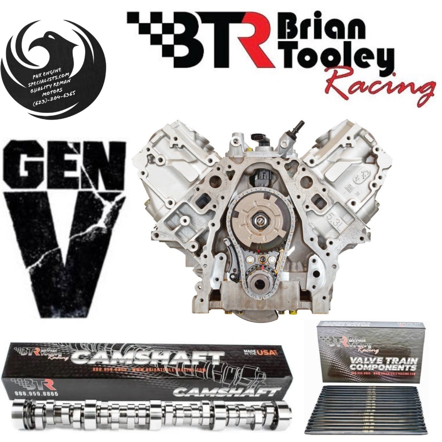 Cammed GM 5.3L Gen V L83 direct-injection remanufactured engine with Brian Tooley Racing (BTR) cam - front view - Phoenix Engine Specialists