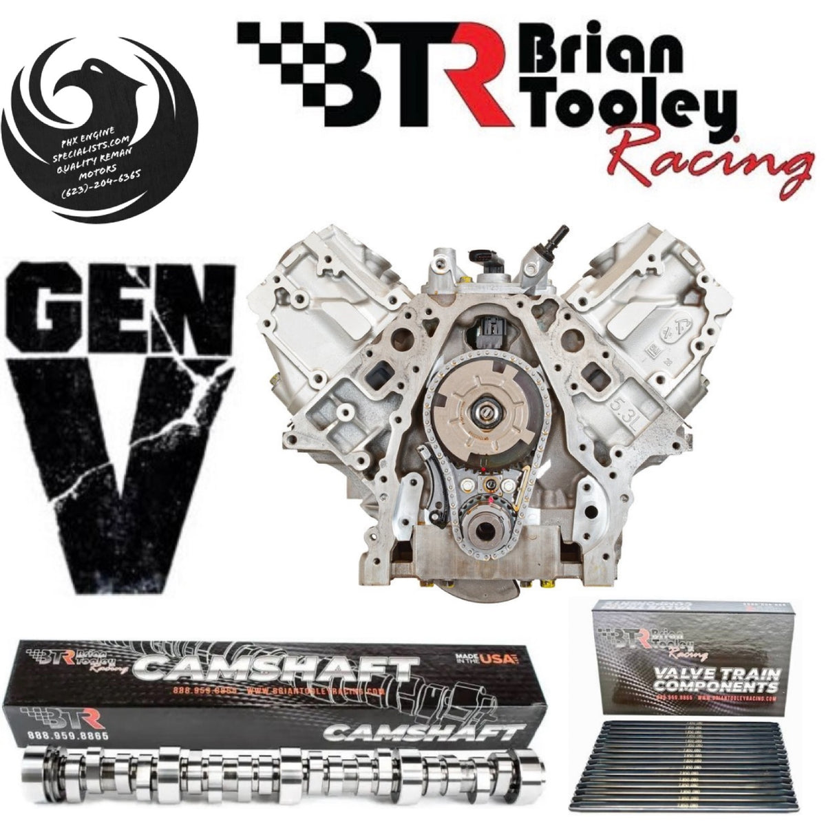 Cammed GM 5.3L Gen V L83 direct-injection remanufactured engine with Brian Tooley Racing (BTR) cam - front view - Phoenix Engine Specialists