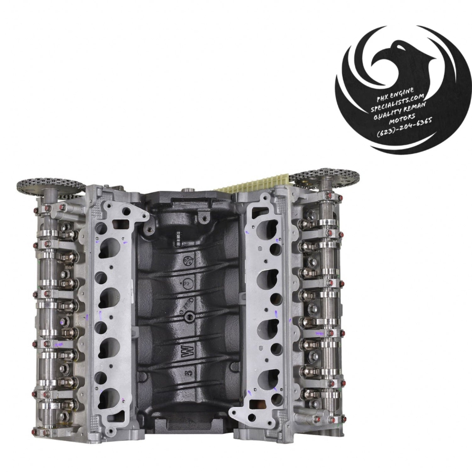 Ford 4.6L 2-valve Windsor remanufactured long block – top view of lifter valley with W casting