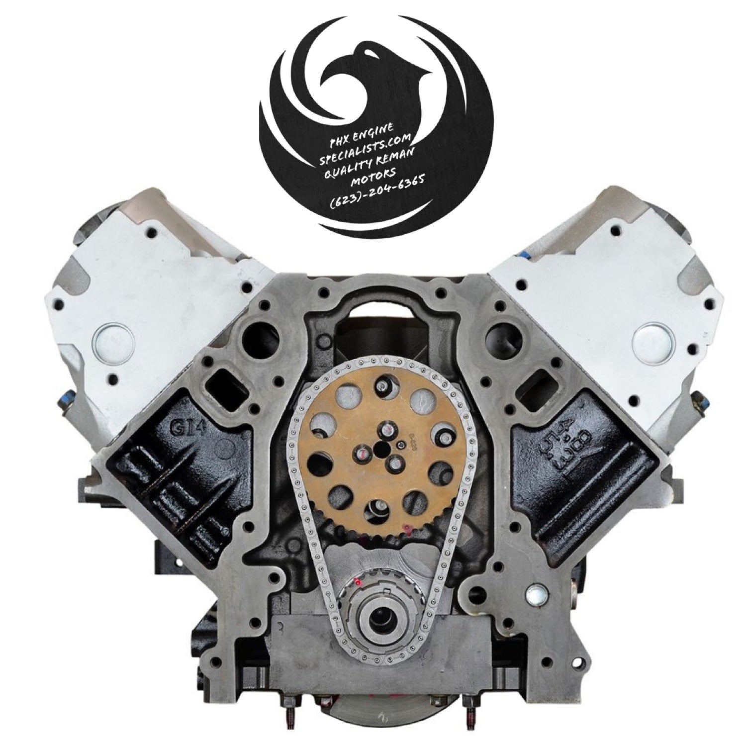Remanufactured GM 4.8L Vortec V8 non-VVT (LR4/LY2) engine - front view (timing chain)