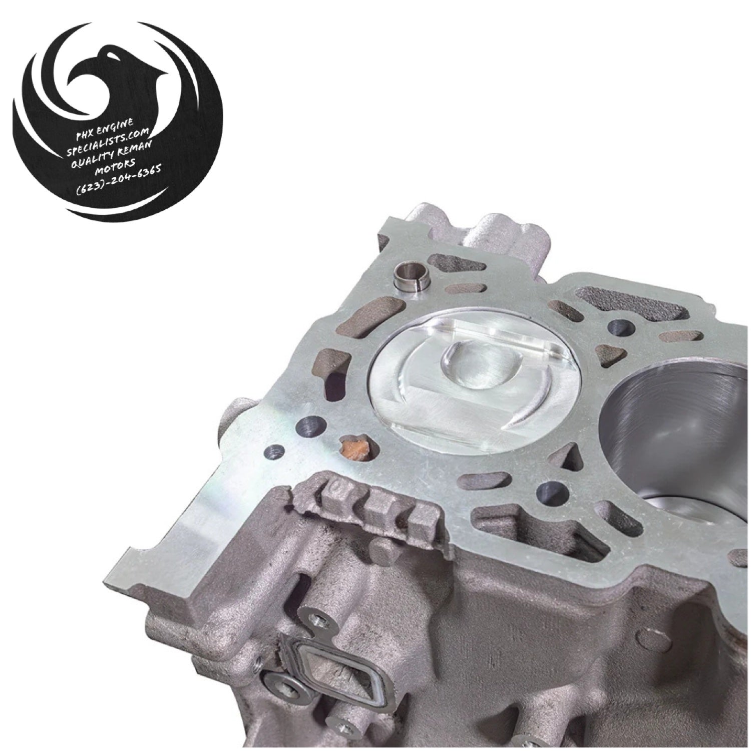 GM 2.5L Ecotec block shown during build, close-up of machined deck and piston